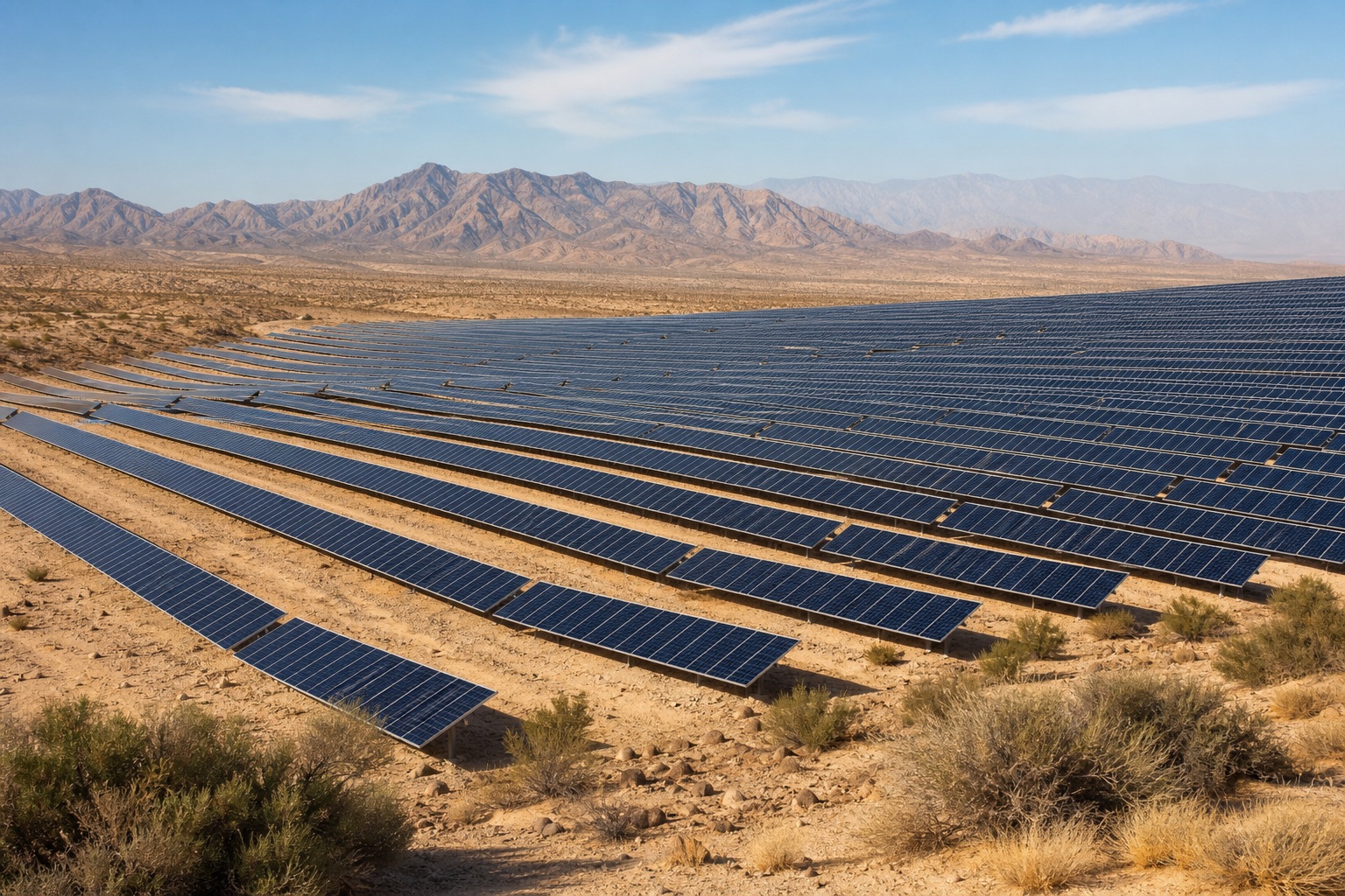Rows of solar panels stretching across a desert plain with mountains in the distance.