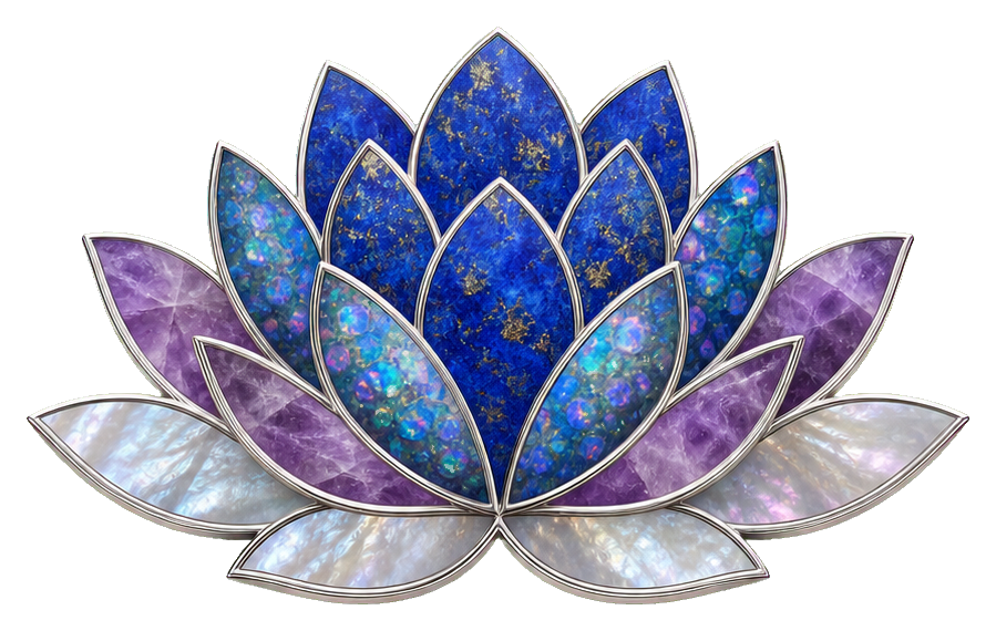 Blue and purple lotus flower with a shimmering inlay style and layered petals