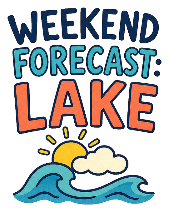 Hand lettered weekend forecast lake sticker with sun, clouds, and waves.