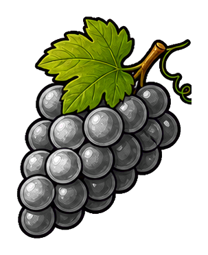 A bunch of dark purple grapes with a green leaf and stem on a transparent background.