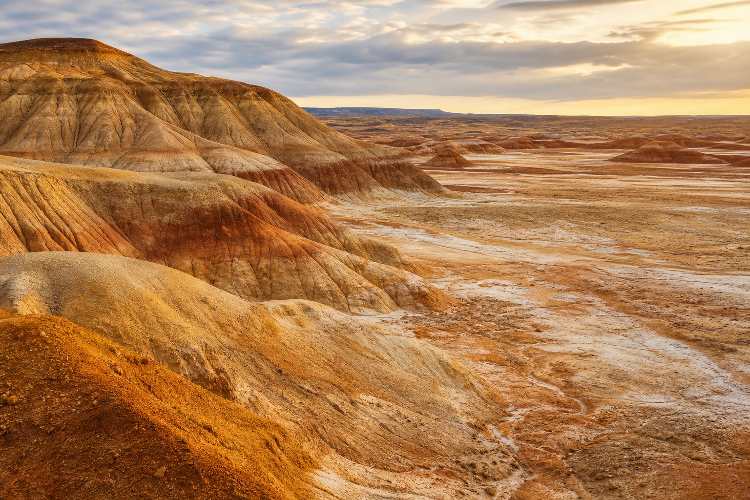 Layered desert clay hills in warm earth tones beneath a cloudy sky.