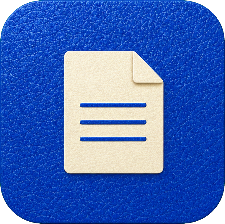 Blue rounded square app icon with a paper note and blue lines
