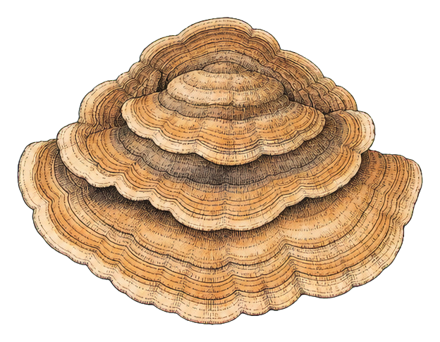 Vintage illustration of a layered bracket fungus mushroom sticker.