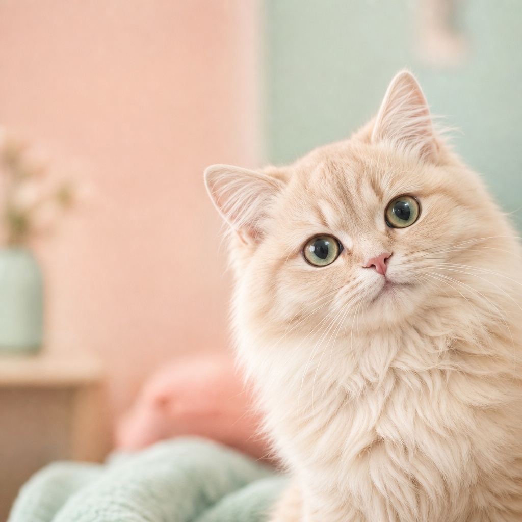 Fluffy cream cat portrait against a soft cozy background with empty space