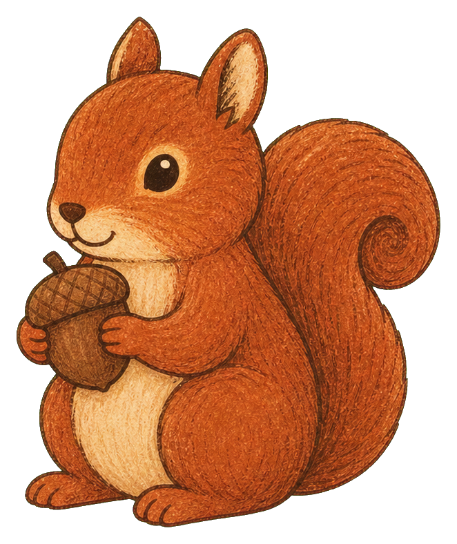 Brown squirrel holding an acorn in a cozy folk art style