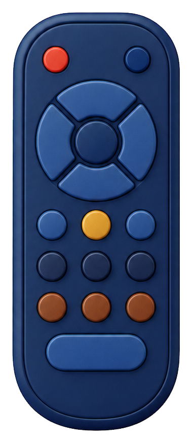 Blue remote control with colored circular buttons and a wide bottom button