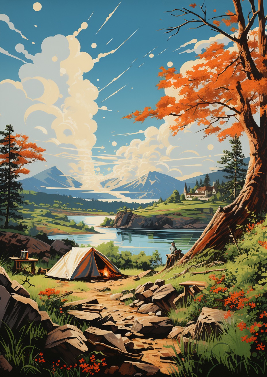 Illustrated campsite beside a lake with mountains, trees, and a tent under a bright sky.