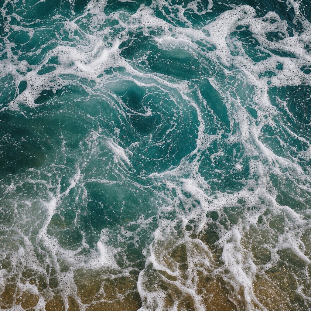 Deep teal ocean water with swirling whitewater and sea foam patterns