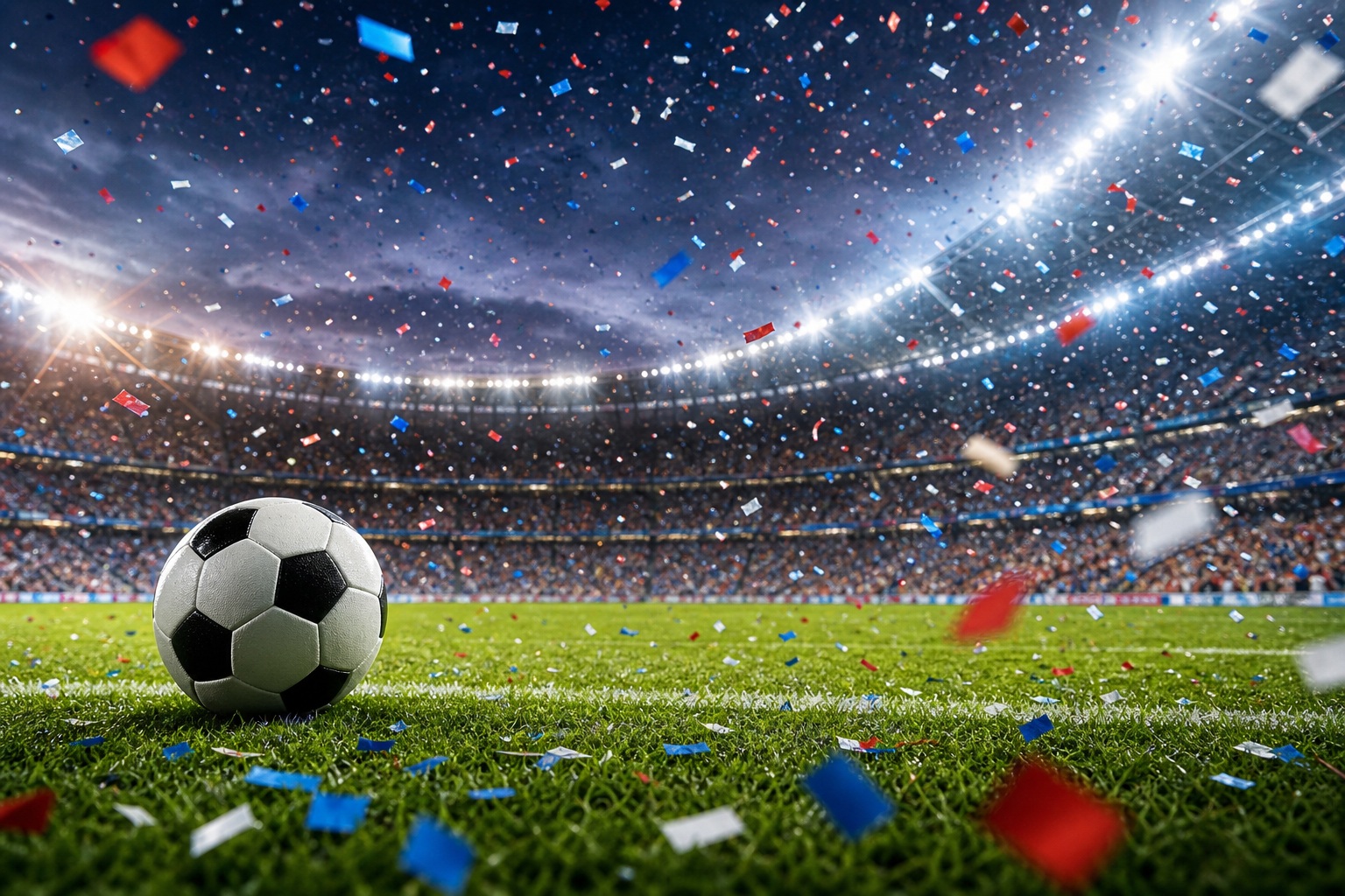 Soccer ball on turf in a stadium with confetti falling and bright lights