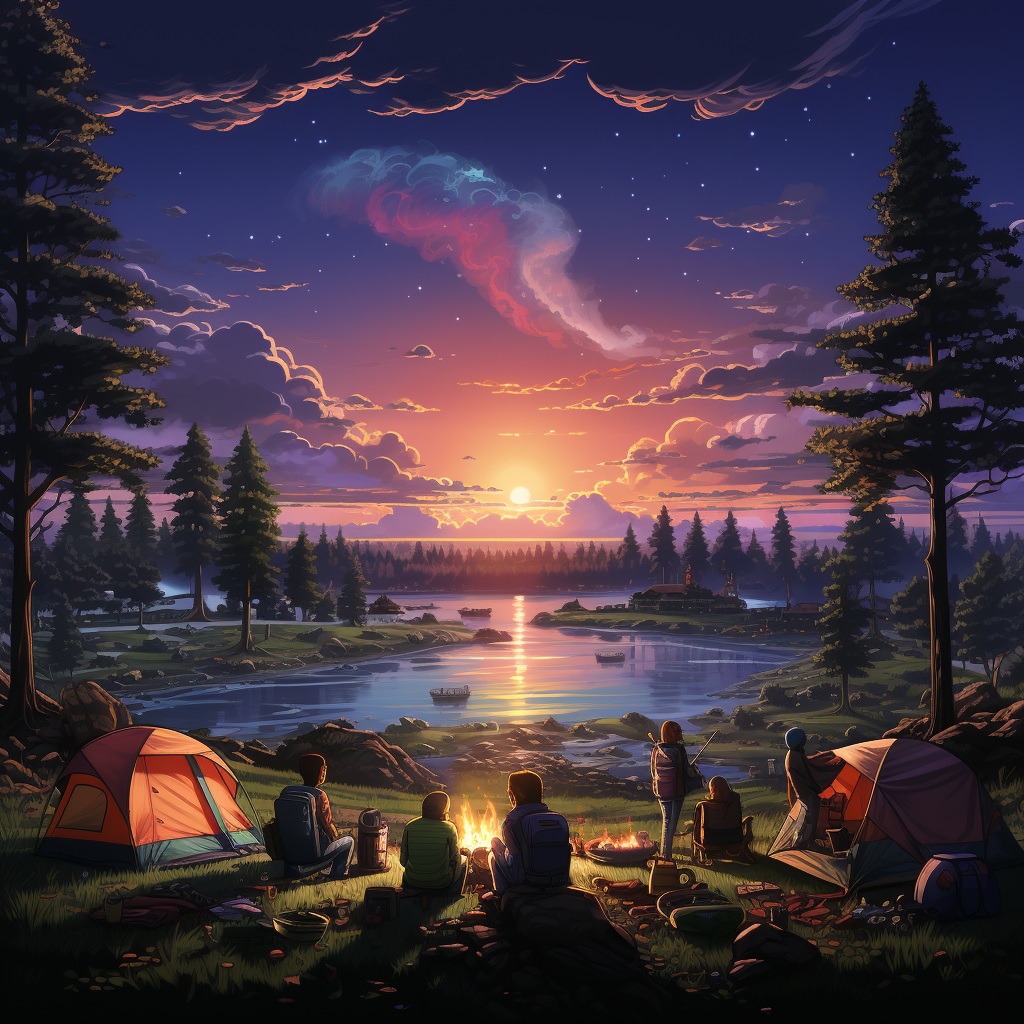 Preview for Camping Sunset Forest Lake Background