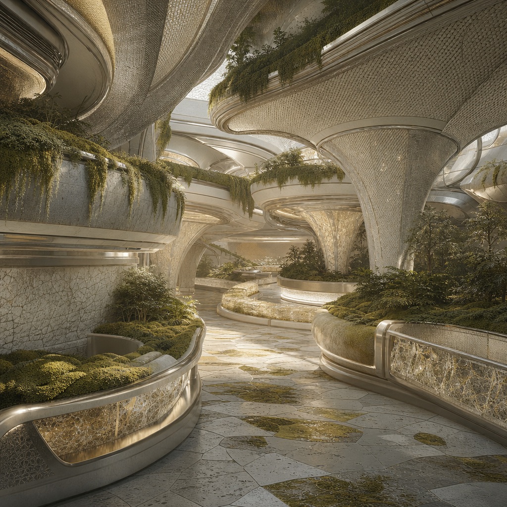 Curved futuristic atrium with sunlit moss, stone walkways, and tall support columns