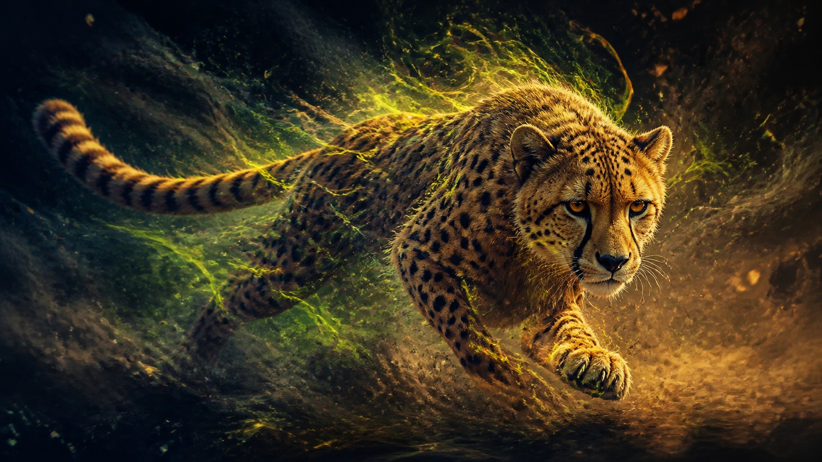 A glowing cheetah running through dark space with neon smoke and light trails