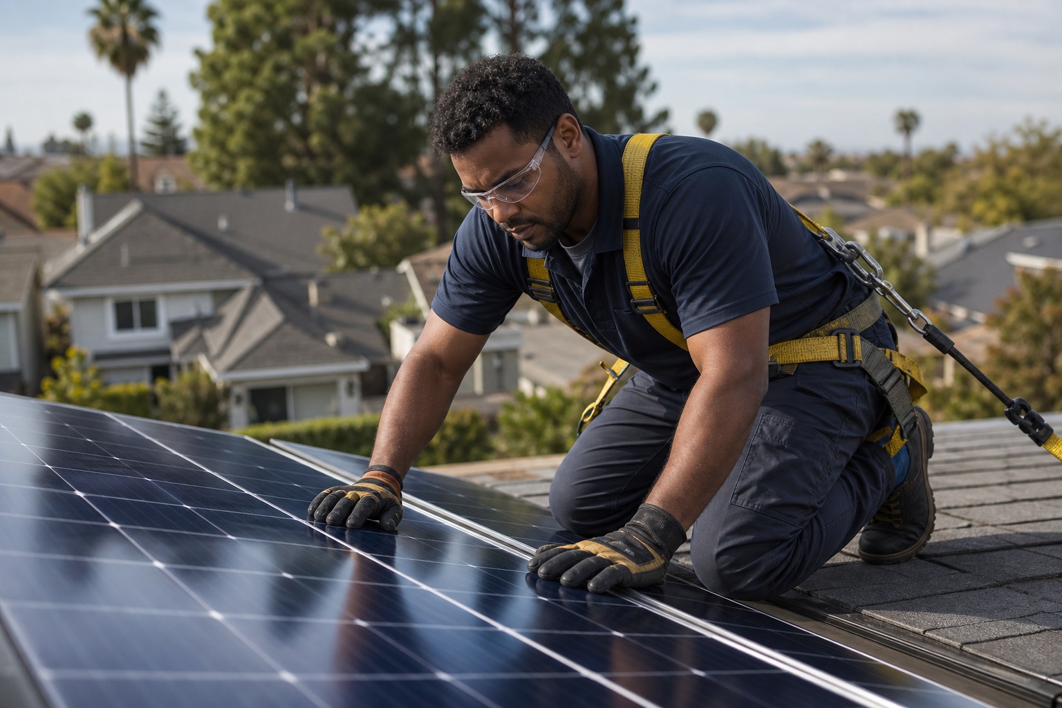 Technician kneeling on a rooftop installing solar panels with safety gear.