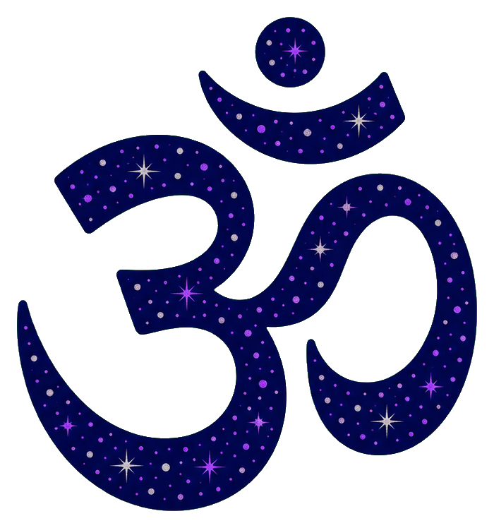 Purple Om symbol filled with star-like dots and a small matching crescent shape above it.