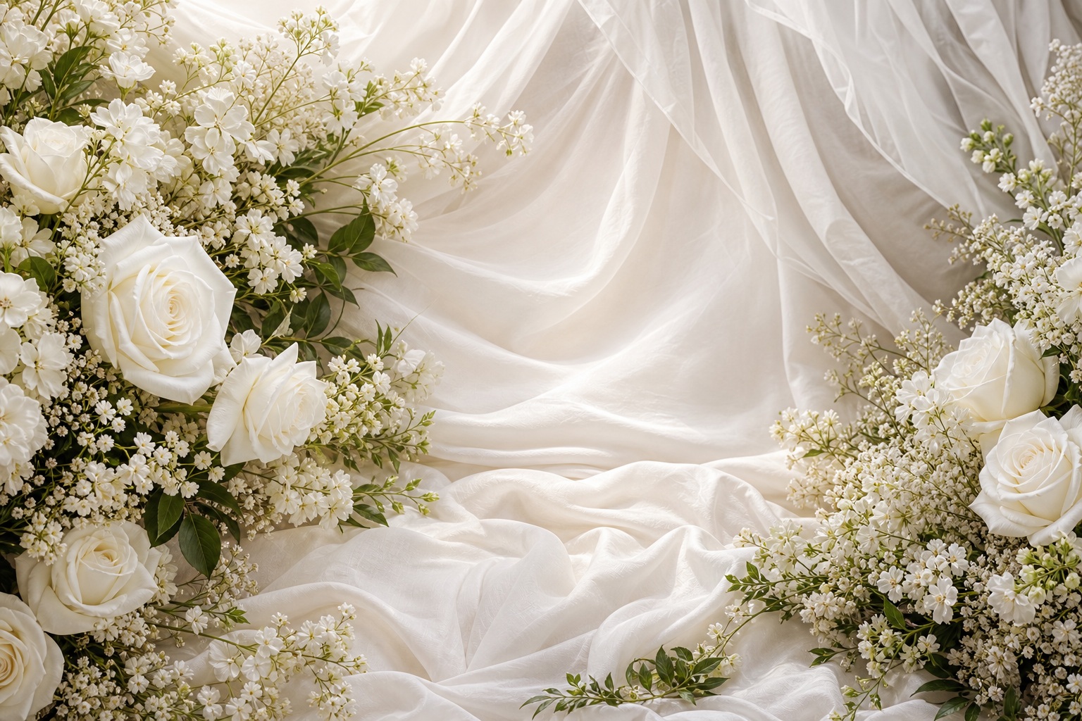 White roses and delicate flowers arranged beside soft draped fabric in a romantic wedding scene