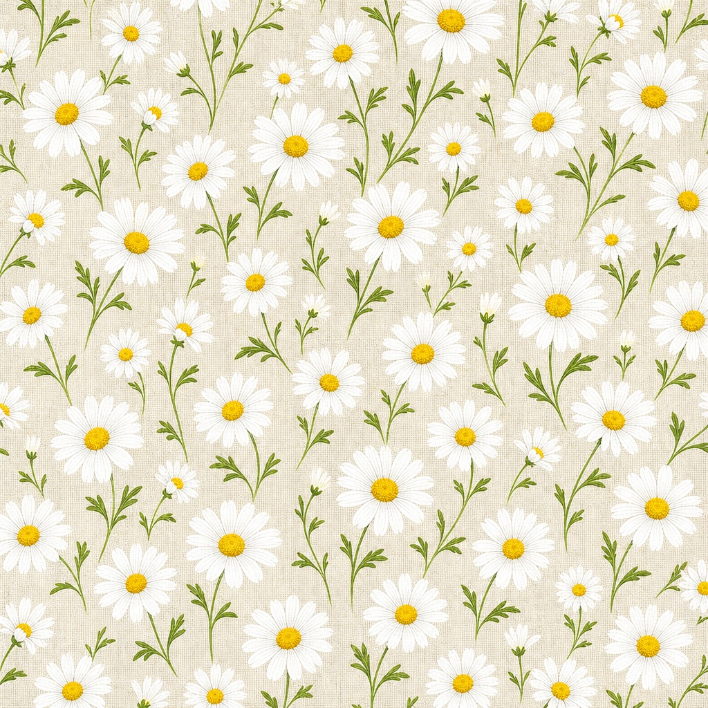 Small white daisies with yellow centers arranged in a repeating pattern on a linen-like beige background.