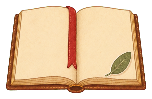 An open brown blank recipe book with a ribbon bookmark and leaf decoration.