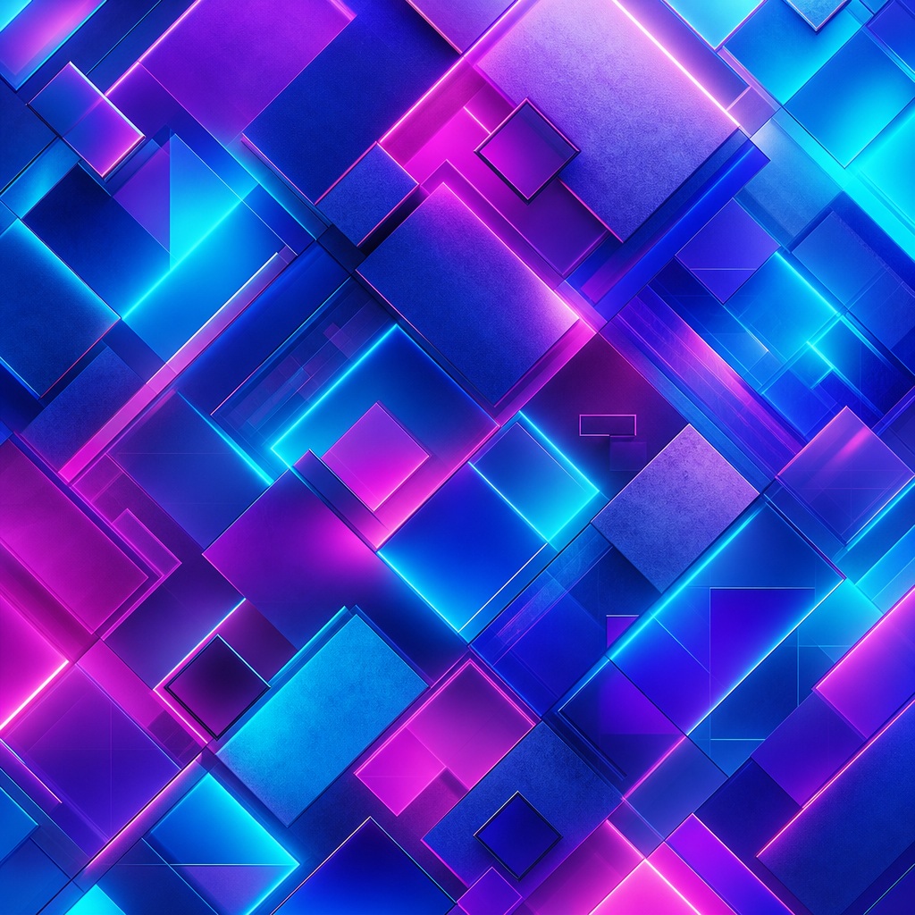 Glowing purple and blue square facets with diagonal neon light streaks