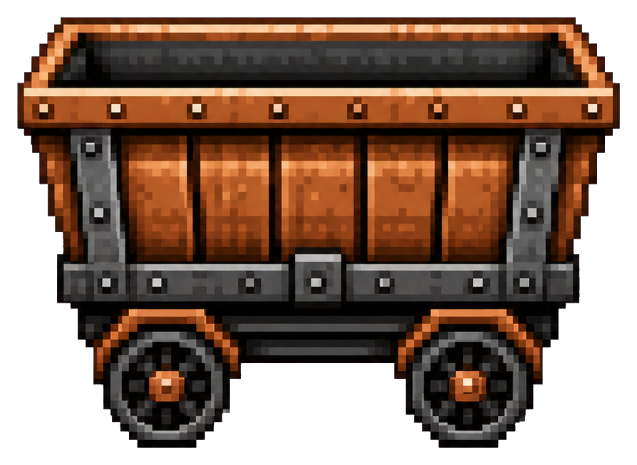 Pixel art copper mine cart with wooden sides and metal wheels