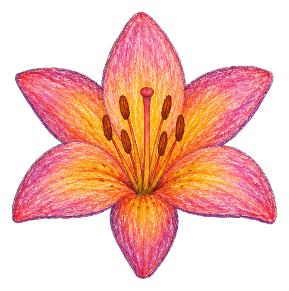 Colorful crayon-style lily flower sticker with pink and orange petals