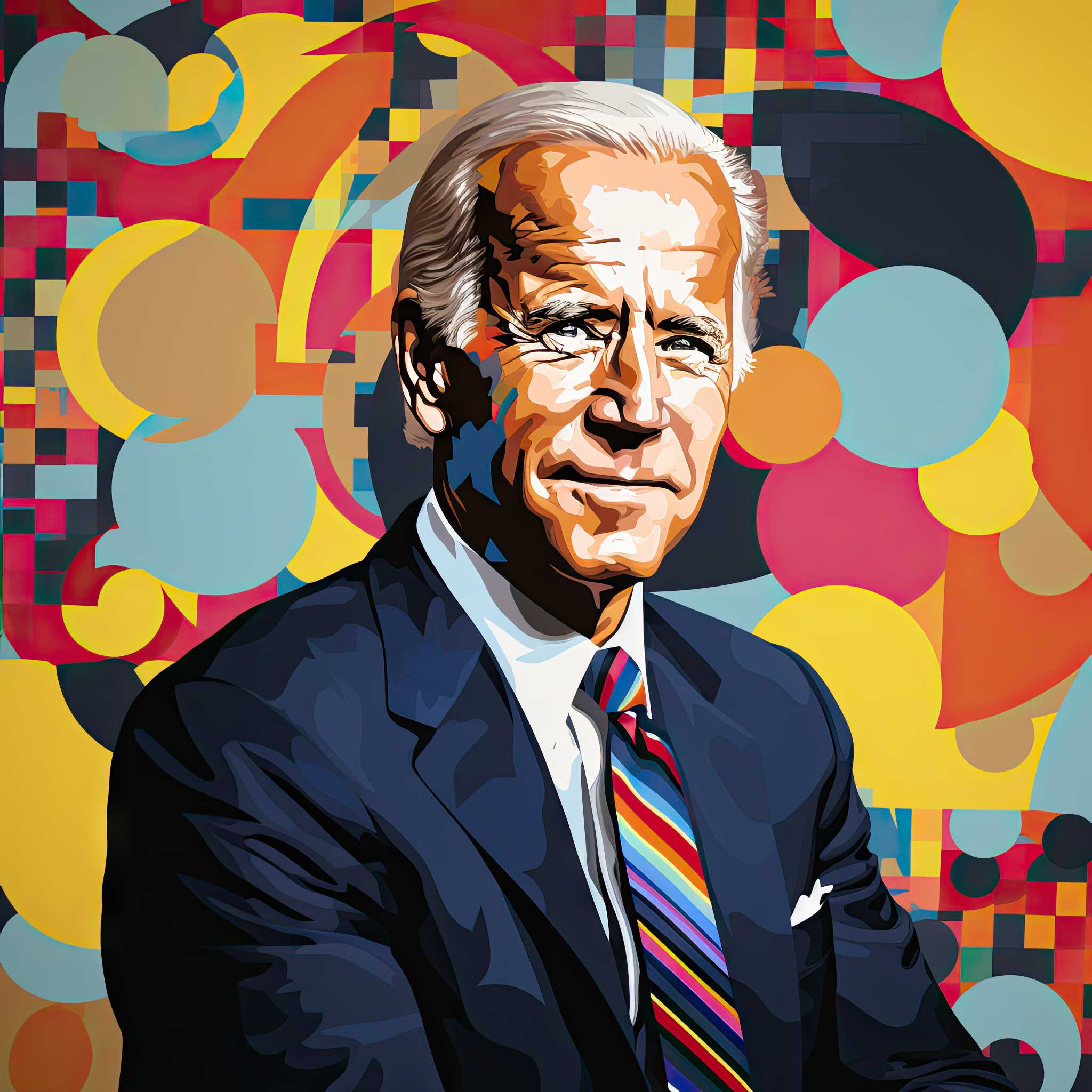 Stylized portrait of Joe Biden in a suit against a colorful abstract circle background.