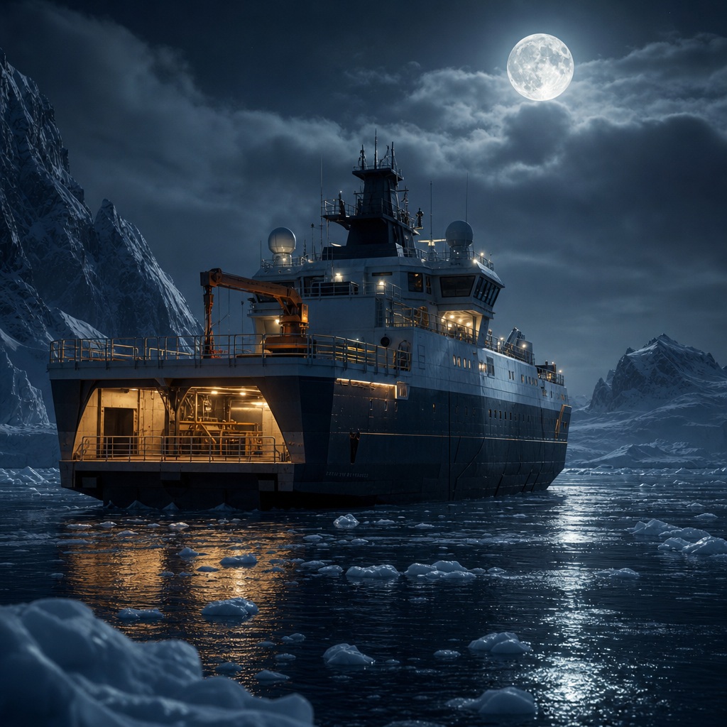 Large icebreaker ship on dark water under a bright moon with snowy mountains nearby