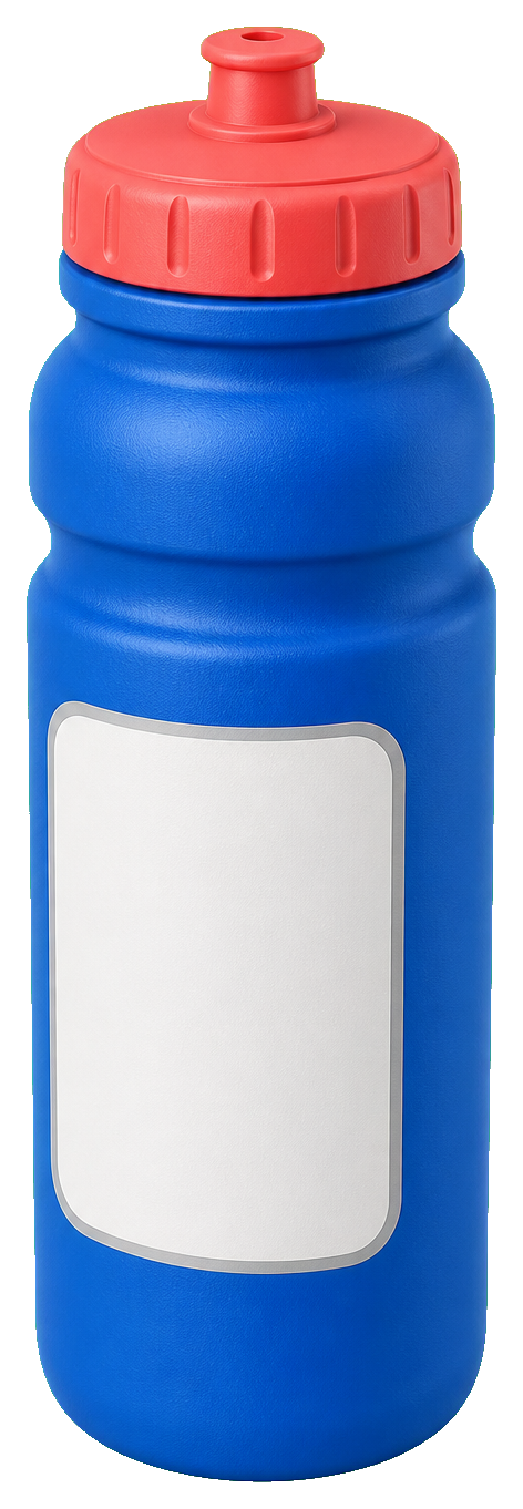 Blue water bottle with a red cap and a blank white label