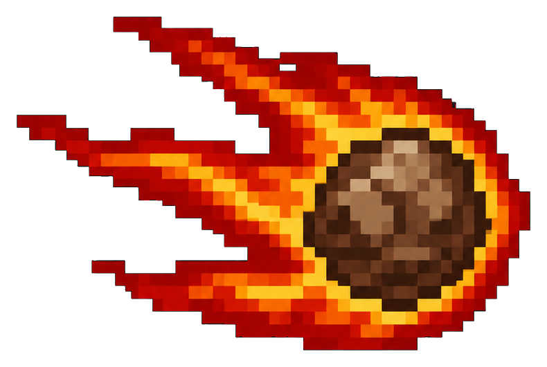 Red-orange meteor fireball pixel sprite with a dark rocky center and trailing flames