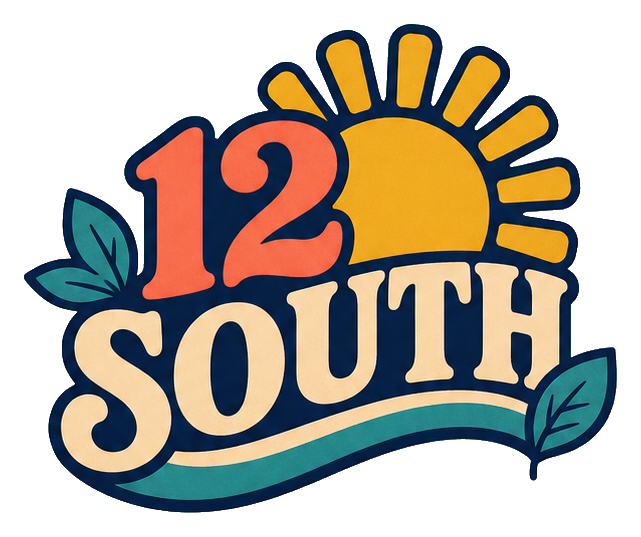 Retro 12 South text sticker with a sun, leaves, and bold warm lettering.