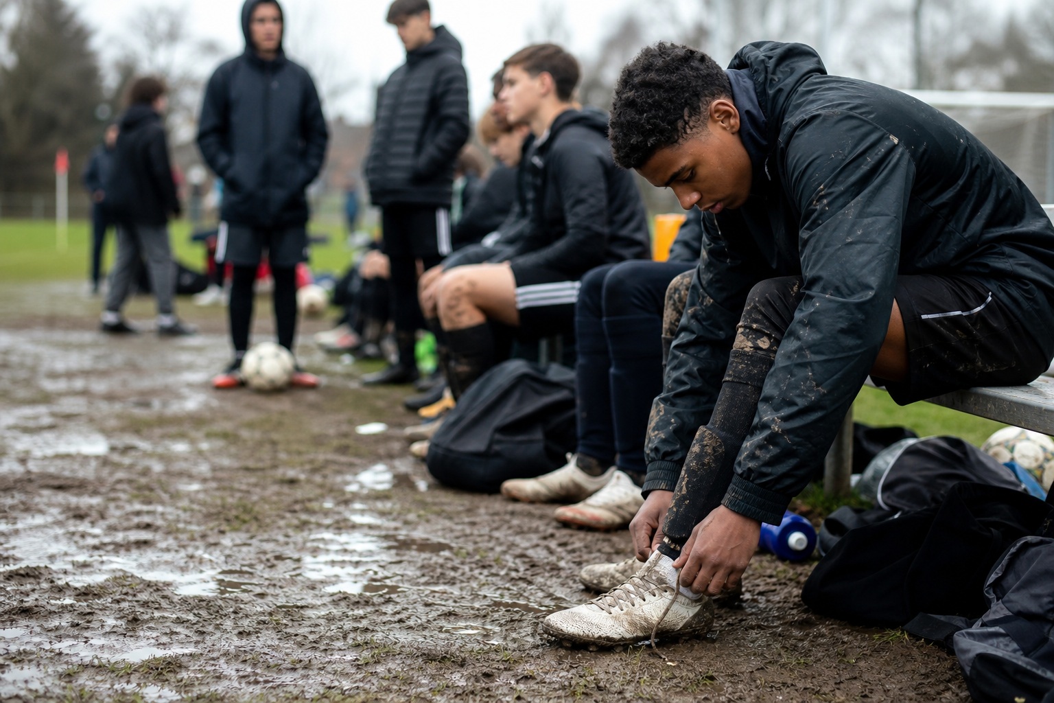 Soccer players and spectators on a muddy sideline during a candid outdoor match.
