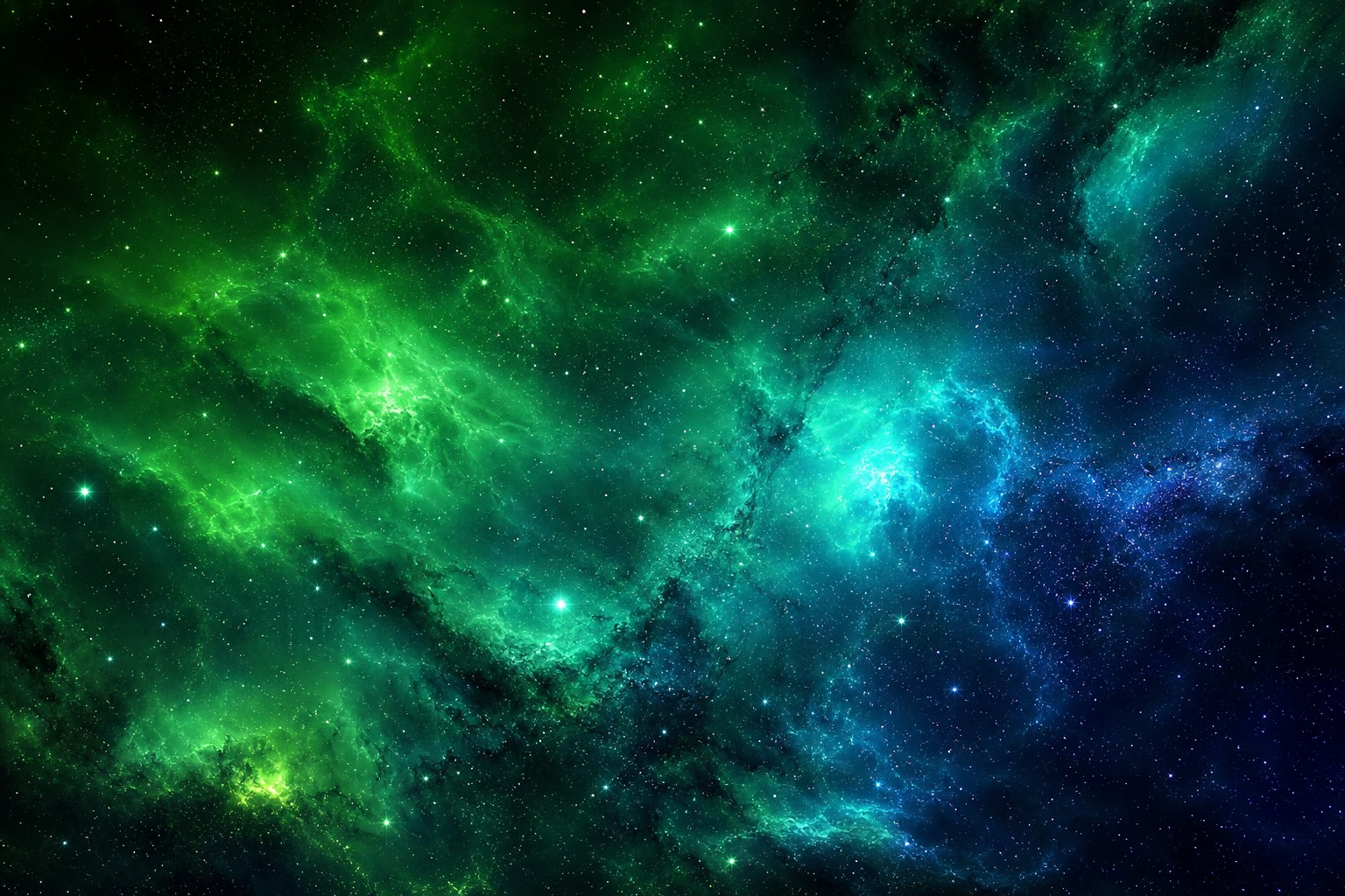 Green aurora nebula clouds glowing across a starry space background