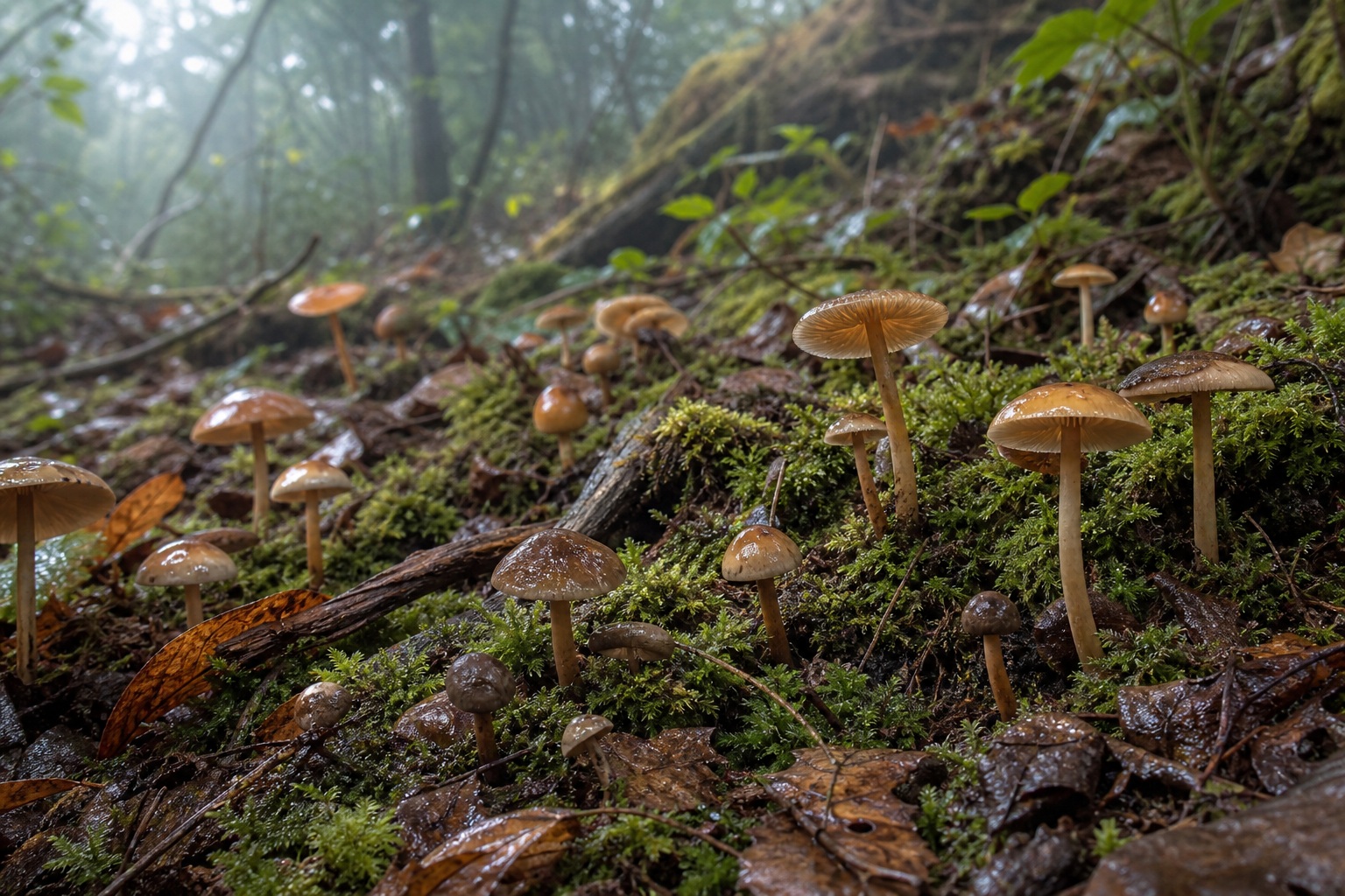 Varied brown mushrooms growing on a mossy forest floor in soft misty light