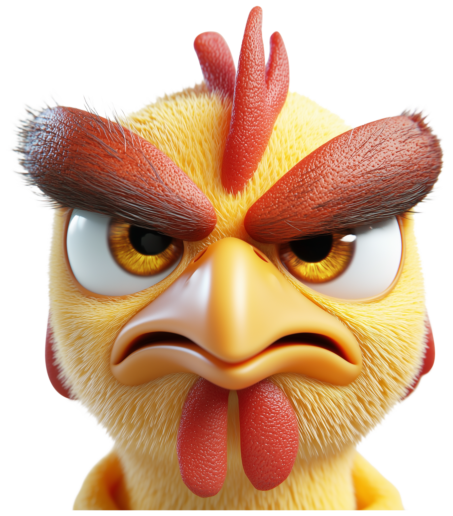 Angry cartoon chicken face with yellow feathers, red comb, and intense eyes.