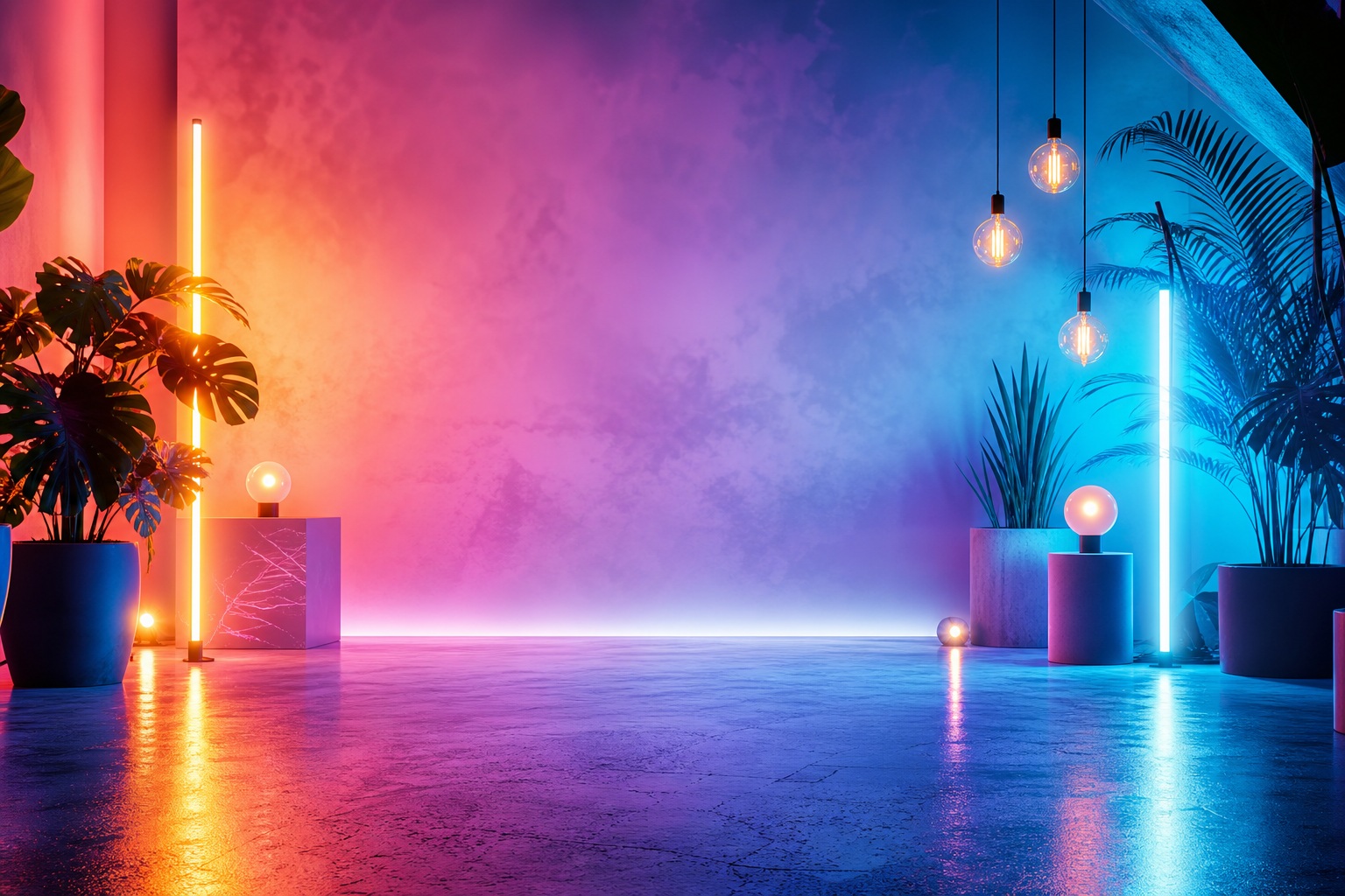 Glowing neon room with gradient lighting, palm plants, and reflective floor