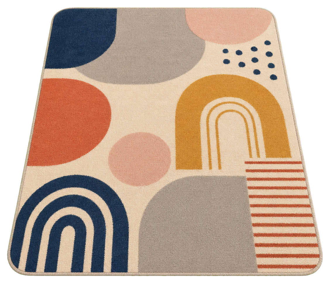 Abstract patterned rug with rounded corners and colorful geometric shapes