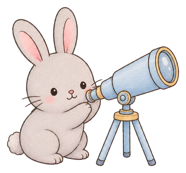 Cute rabbit holding a telescope on a small tripod