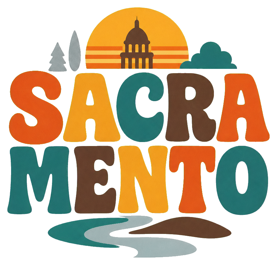 Retro Sacramento word art with sunset, mountains, and road graphic