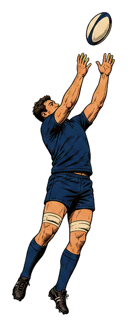 Retro-style rugby player jumping with arms raised to catch a ball overhead.