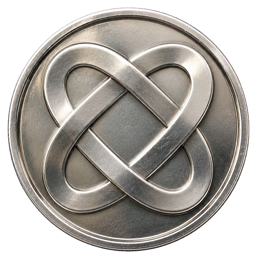 Round metallic coin with interwoven endless ribbon design and polished silver-gray finish
