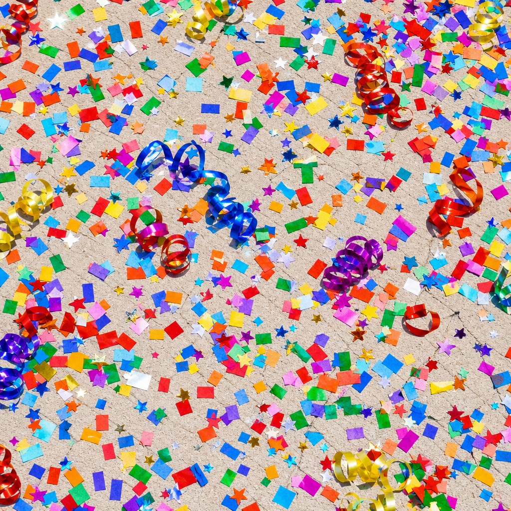 Colorful confetti scattered across a light background with metallic streamers
