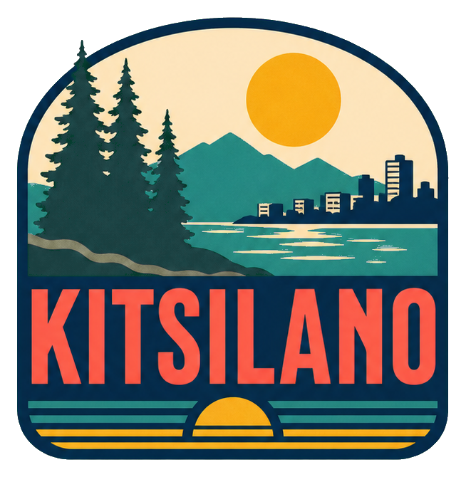 Retro Kitsilano sticker with sun, mountains, skyline, water, and bold text.