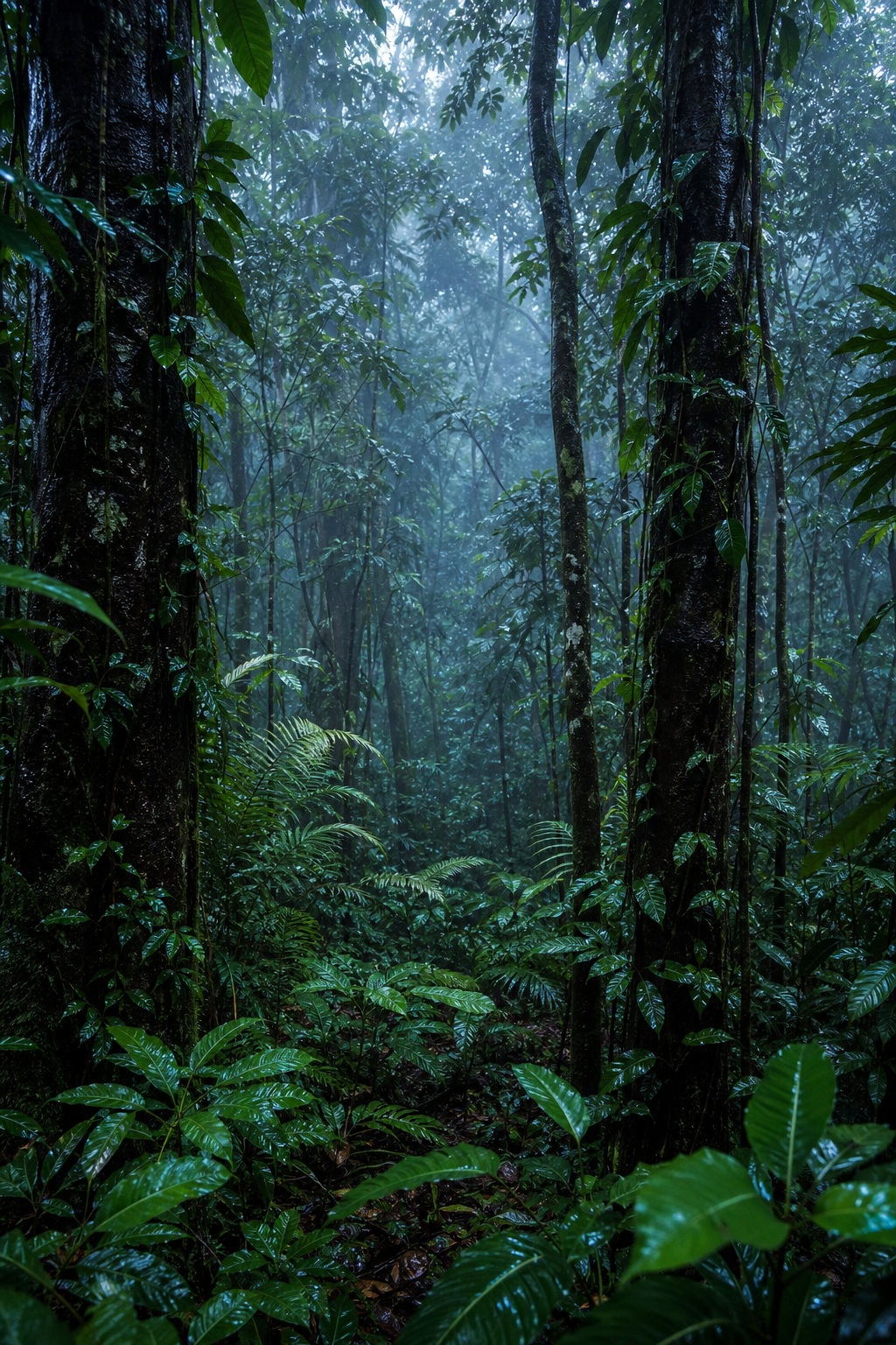 Dense rainforest canopy with rain-darkened trunks, lush green foliage, and blue mist