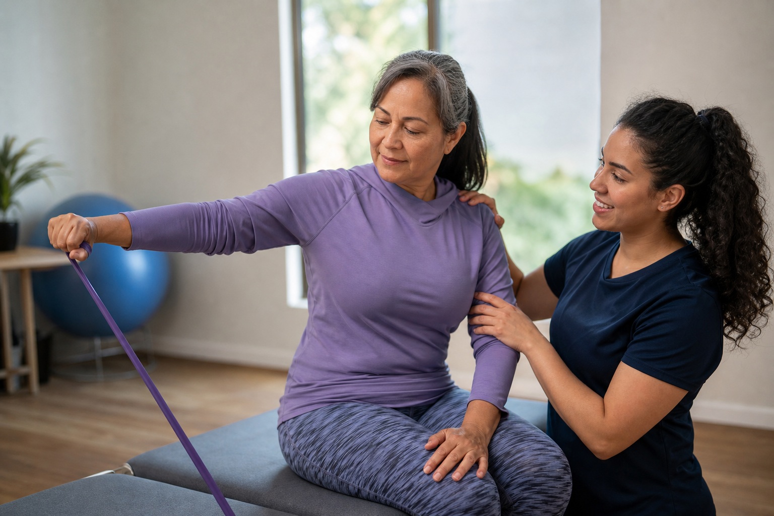 Two women in a therapy session using a resistance band in a bright room