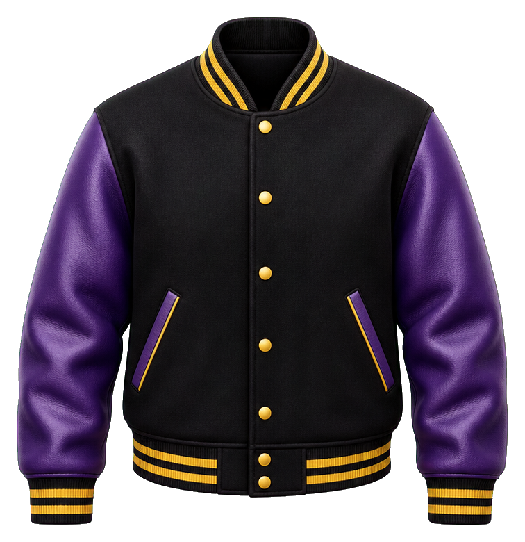 Blank black varsity jacket with purple sleeves and gold trim
