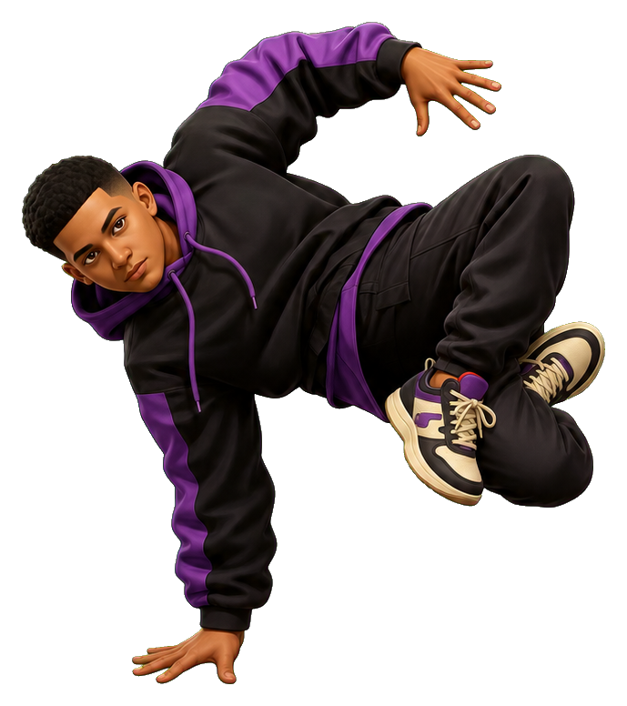 A breakdancer in a freeze pose wearing a black hoodie with purple trim and sneakers.
