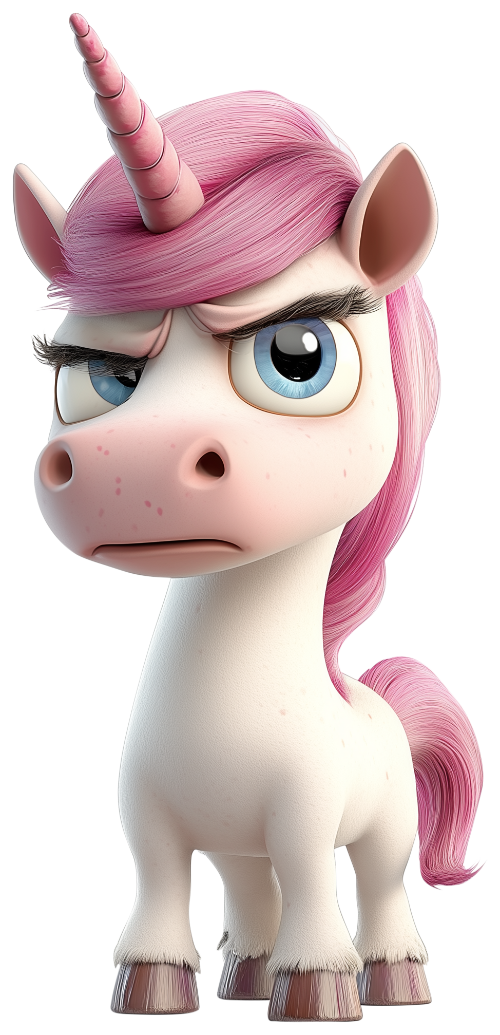 Cute cartoon unicorn with pink mane and annoyed expression, shown front view.