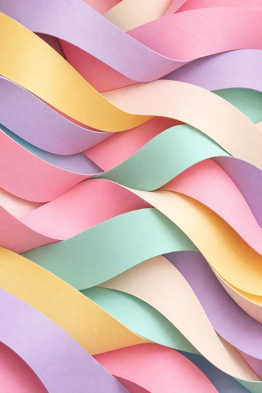Layered pastel paper ribbons forming soft wavy abstract bands in pink, yellow, mint, and lavender.