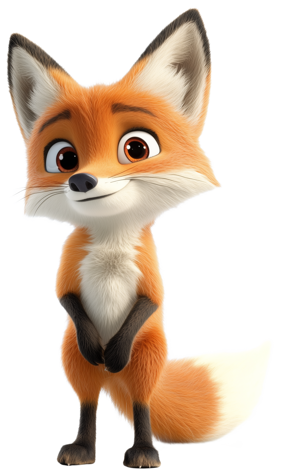 A cute 3D cartoon fox with orange fur and a white tail tip standing forward.