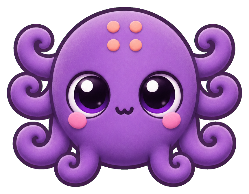 Cute purple octopus-like monster with big eyes and curled tentacles