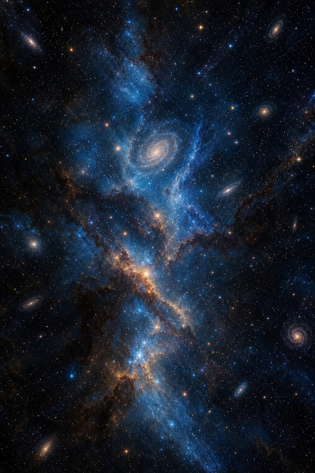Blue and gold nebula clouds with scattered stars and a glowing spiral galaxy